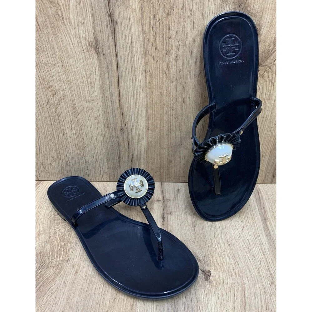 Tory Burch Jelly Thong Sandals Black Gold Logo Pearl Medallion Women's Size 9
